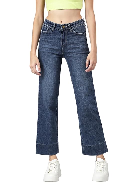 Women Blue Comfort Wide Leg High-Rise Light Fade Stretchable Jeans, Navy Blue (Size 36) - Rajputtrade