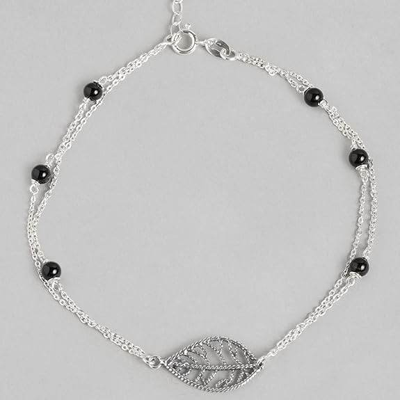 925 Sterling Silver Layered Designer Leaf Beaded Rhodium Plated Adjustable Chain Anklet (Single) | Gift for Women & Girls | - Rajputtrade