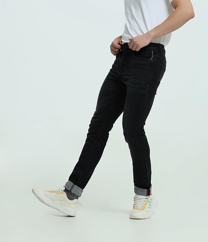 TURMS Men's Black Solid Mid Rise Stretchable Adventure Comfort Denim Pant Cotton Rich Jeans - Rajputtrade