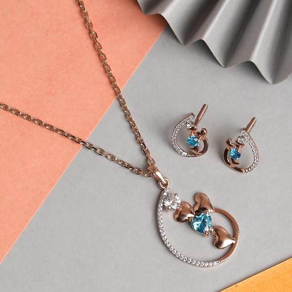 925 Sterling Silver Heart Pendant Earring Chain Jewellery Set | Rose Gold Rhodium Plated, Swiss Zirconia | Gift for Women & Girls - Rajputtrade