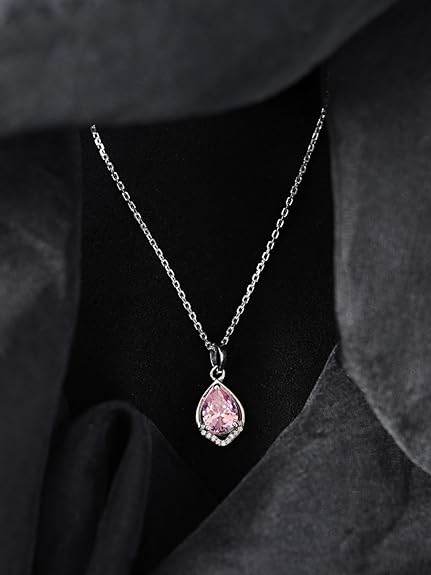 925 Sterling Silver Jino Pink Pear Solitaire Pendant Earrings Chain Necklace Jewellery Set | Platinum Plated, Swiss Zirconia |Gift for Women and Girls - Rajputtrade