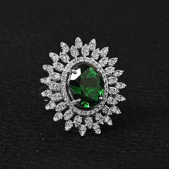 925 Sterling Silver Emerald Adjustable Cocktail Ring | Rhodium Plated, Swiss Zirconia | Jewellery Gift for Women and Girls - Rajputtrade