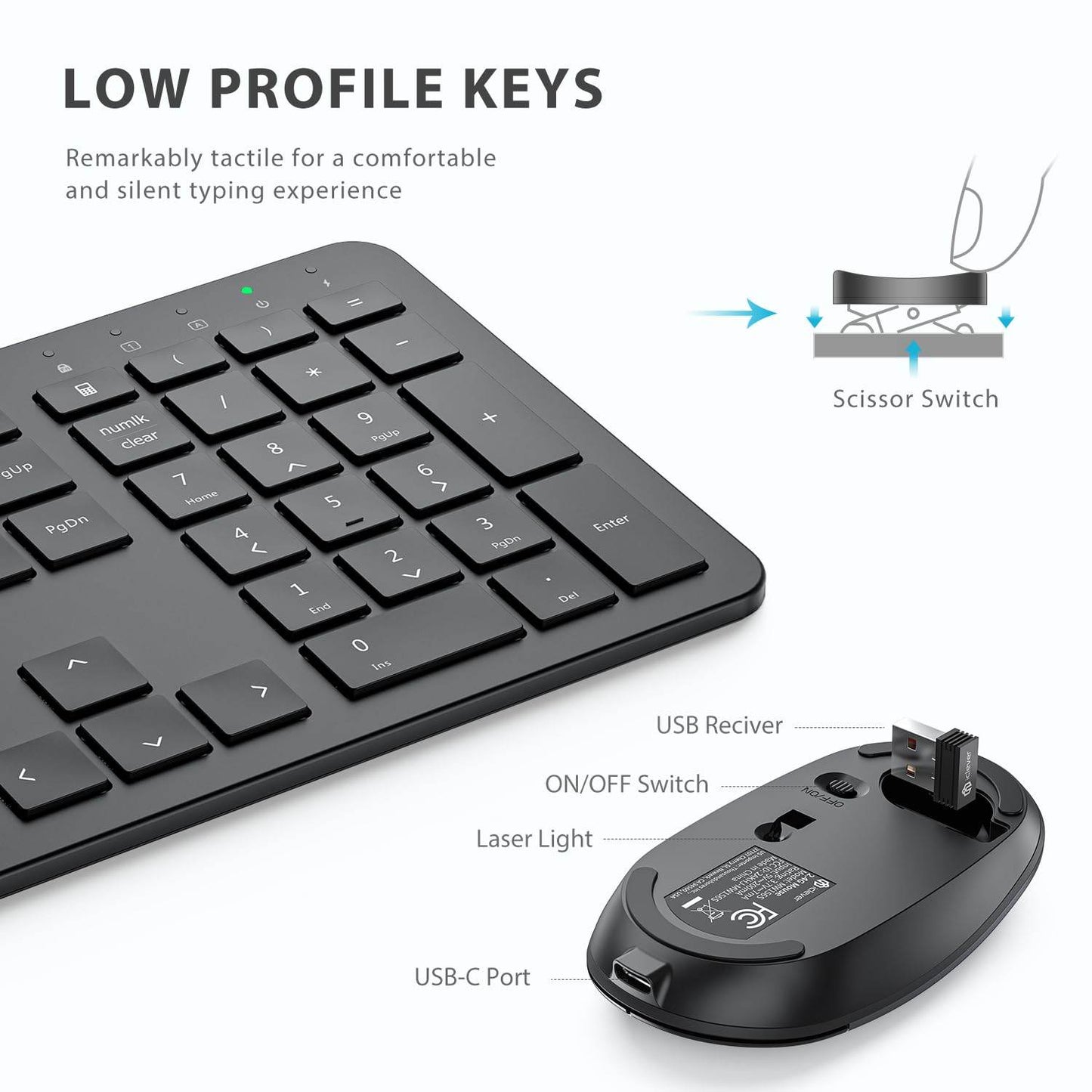 GK08 Wireless Keyboard and Mouse Set, Rechargeable Wireless Keyboard Ergonomic Full Size Design with Number Pad, 2.4G Stable Connection for Windows, Mac OS Computer, Black - Rajputtrade