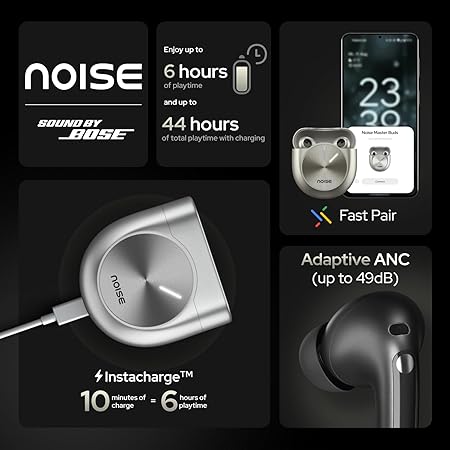 Noise Master Buds, Sound by Bose in-Ear Bluetooth Earbuds, Up to 49dB Adaptive ANC, LHDC 5.0, Immersive Spatial Audio, 44H Playtime with 6 mic ENC, Dual Pairing, IPX5 Ear Buds TWS (Onyx)