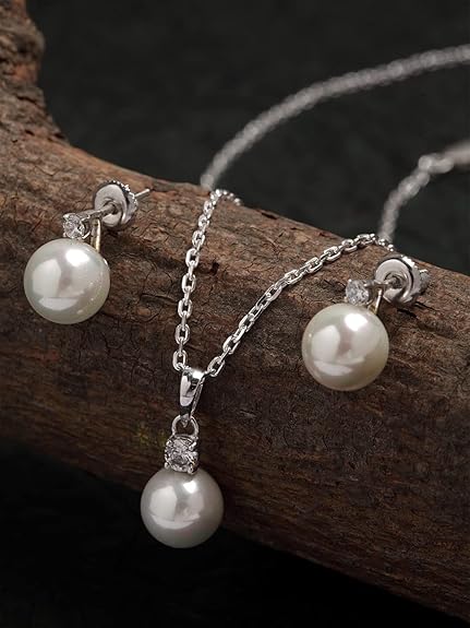 Sterling Silver and Pearl & Crystal Pendant Earrings Set With Chain for Women & Girls (White) - Rajputtrade