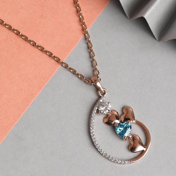 925 Sterling Silver Heart Pendant Earring Chain Jewellery Set | Rose Gold Rhodium Plated, Swiss Zirconia | Gift for Women & Girls - Rajputtrade