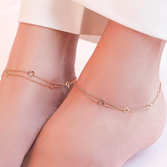 925 Sterling Silver Layered Rose Gold Plating Hearts Anklets (Pair) | Gift for Women & Girls | - Rajputtrade
