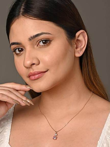 925 Sterling Silver Rosa Pendant Earring Chain Jewellery Set | Rose Gold Plated, Swiss Zirconia | Gift for Women & Girls - Rajputtrade