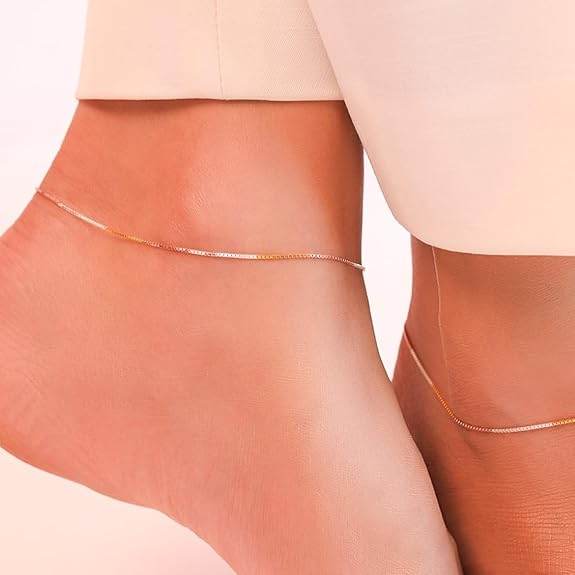 925 Sterling Silver Modest Minimal Triple Tone Plating Chain Anklet (Pair) | Gift for Women & Girls | - Rajputtrade