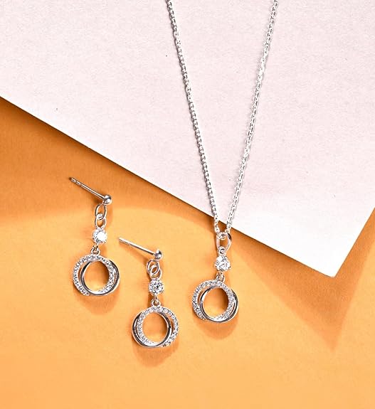 925 Sterling Silver Circle of Joy Pendant Earrings Chain Necklace Jewellery Set | Platinum Plated, Swiss Zirconia | Gift for Women and Girls