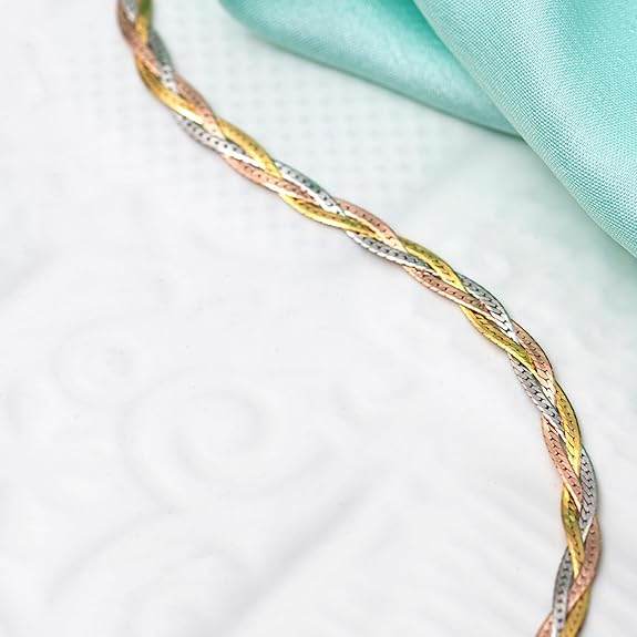 925 Sterling Silver Braided Triple Tone Multicolour Rhodium, Gold and Rose Gold Plated Chain Anklet (Single) | Gift for Women and Girls | - Rajputtrade