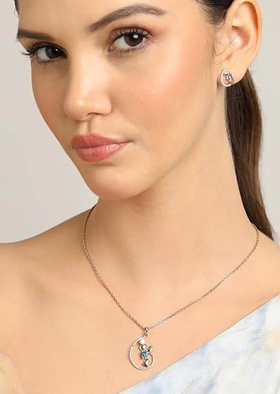925 Sterling Silver Heart Pendant Earring Chain Jewellery Set | Rose Gold Rhodium Plated, Swiss Zirconia | Gift for Women & Girls - Rajputtrade