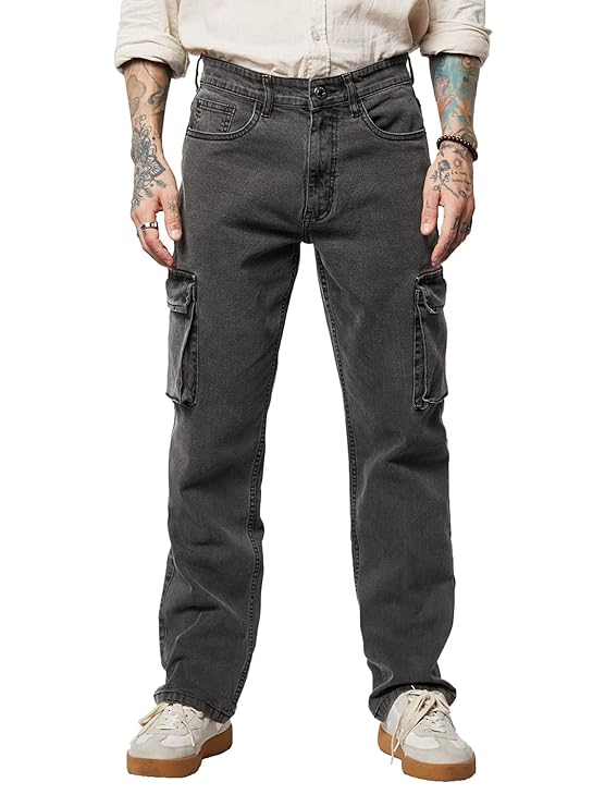 The Souled Store Solids: Men and Boys Straight Fit Cotton Blend Cargo Jeans - Rajputtrade