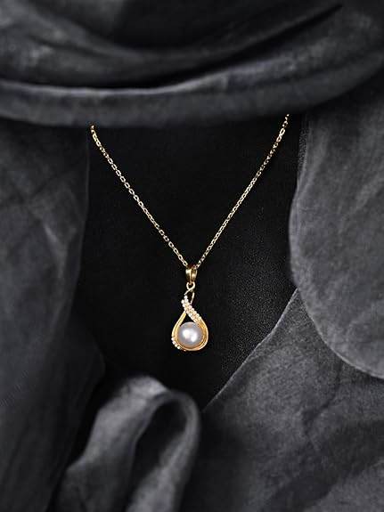 925 Sterling Silver Esin Real Pearl Pendant Earrings Chain Necklace Jewellery Set | Gold Plated, Swiss Zirconia |Gift for Women and Girls - Rajputtrade
