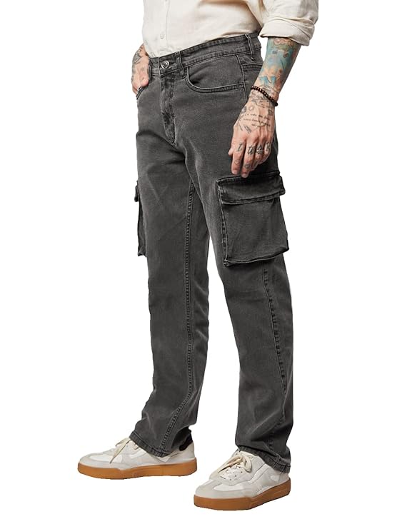 The Souled Store Solids: Men and Boys Straight Fit Cotton Blend Cargo Jeans - Rajputtrade