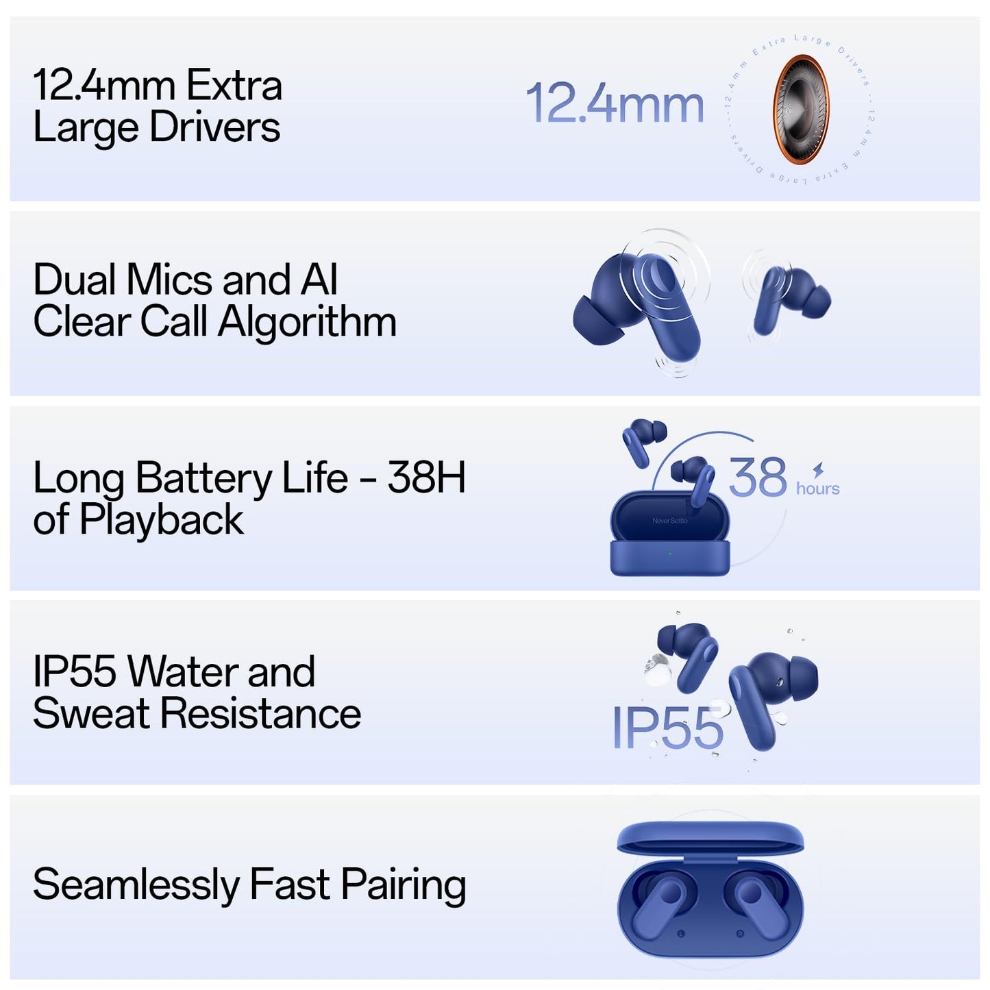 OnePlus Nord Buds 2r True Wireless in Ear Earbuds with Mic, 12.4mm Drivers, Playback:Upto 38hr case,4-Mic Design, IP55 Rating (3 color options)