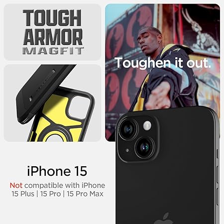 Spigen Tough Armor MagFit Back Cover Case Compatible with iPhone 15 (TPU + Poly Carbonate | Black)