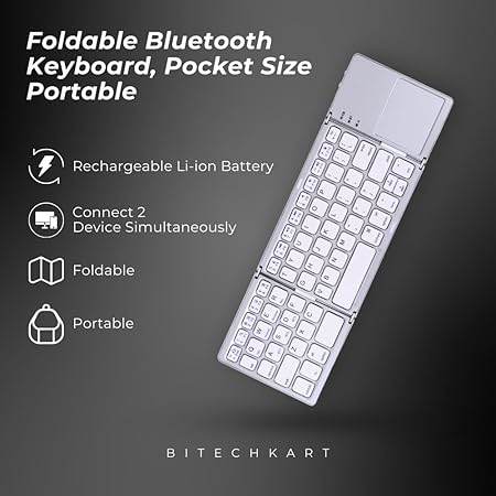 BITECHKART Foldable Bluetooth Keyboard, Pocket Size Portable Mini BT Wireless Keyboard with Touchpad for Android, Windows, PC, Tablet, with Rechargeable Li-ion Battery_20 x 10 x 3 cm Silver - Rajputtrade