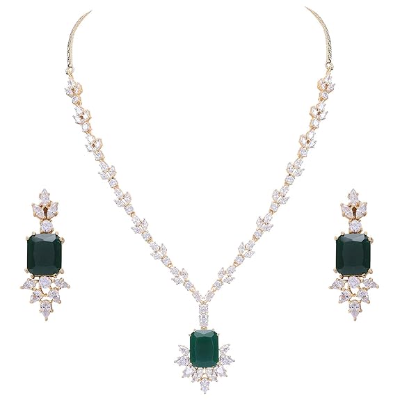 Jewellery Red Ruby Necklace Set Pendant with Earring for Women/Girls (Green-Gold) - Rajputtrade