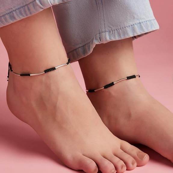 925 Sterling Silver Designer Rhodium Plated Adjustable Thread Anklet (Pair) | Gift for Women & Girls | - Rajputtrade