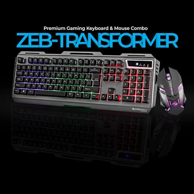 Zebronics Transformer Gaming Keyboard and Mouse Combo,Braided Cable,Durable Al body,Multimedia keys and Gaming Mouse with 6 Buttons, Multi-Color LED Lights, High-Resolution Sensor with 3200 DPI(Black) - Rajputtrade
