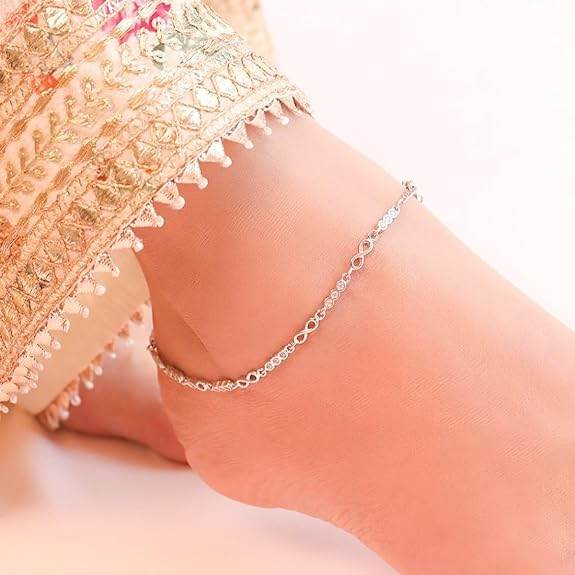 925 Sterling Silver Cubic Zirconia Infinity Rhodium Plating Chain Anklet (Single) | | Gift for Women & Girls | - Rajputtrade
