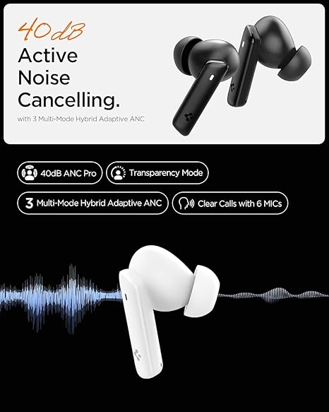 Spigen Audio Newly Launched SA-TW P20 True Wireless in Ear Earbuds with 30H Playtime, Upto 40dB 3 Multi-Mode ANC Pro, EQ Customizing App, 6-MIC, Low Latency for Gaming Mode, 10mm Driver, IPX5 - Black