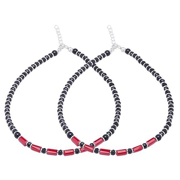 925 Sterling Silver Designer Black and Red Rhodium Plated Adjustable Beaded Anklet (Pair) | Gift for Women & Girls | - Rajputtrade