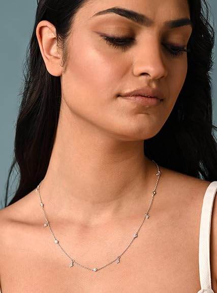 925 Sterling Silver Charm Minimal Necklace Chain | Rhodium Plated, Swiss Zirconia | Gift for Women Girls Wife Girlfriend - Rajputtrade