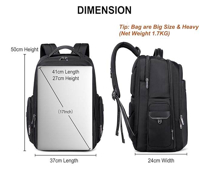 Arctic Hunter Travel Backpack for Men 45L Big Heavy Duty Office Travel Laptop Backpack Fit Upto 17" Laptop 1680D Polyester Water-resistant Padded Overnight Laptop/Clothes Bag with Multi-Pockets, Black - Rajputtrade