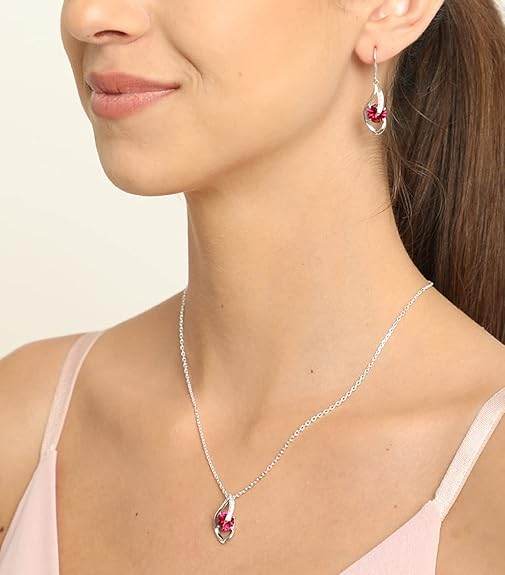 925 Sterling Silver Blood Red Eye Pendant Earring Chain Jewellery Set | Rhodium Plated, Swiss Zirconia | Gift for Women & Girls - Rajputtrade