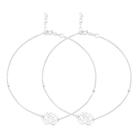 925 Sterling Silver Designer Lotus Floral Rhodium Plated Adjustable Chain Anklet (Pair) | Gift for Women & Girls | - Rajputtrade