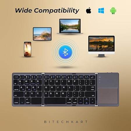 BITECHKART Foldable Bluetooth Keyboard, Pocket Size Portable Mini BT Wireless Keyboard with Touchpad for Android, Windows, PC, Tablet, with Rechargeable Li-ion Battery_20 x 10 x 3 cm Grey - Rajputtrade