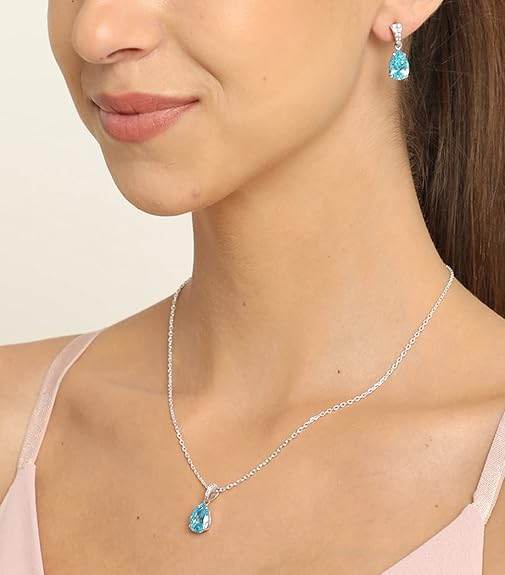 925 Sterling Silver Sky Blue Tear Drop Pendant Earring Chain Jewellery Set | Rhodium Plated, Swiss Zirconia | Gift for Women & Girls - Rajputtrade