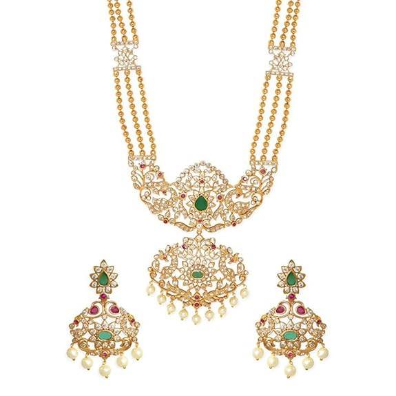 Gold Tone Temple Necklace Set with Green, Pink & White Stones by For Women - Rajputtrade