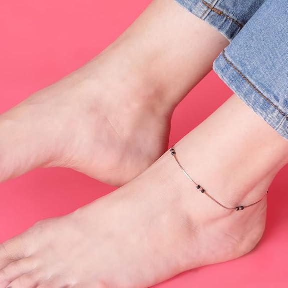 925 Sterling Silver Beads Minimal Rose Gold Plating Chain Anklet (Single) | Gift for Women & Girls | - Rajputtrade