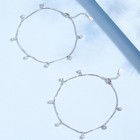 925 Sterling Silver Cubic Zirconia CZ Drop Adjustable Rhodium Plated Chain Anklet (Pair) | Gift for Women & Girls | - Rajputtrade