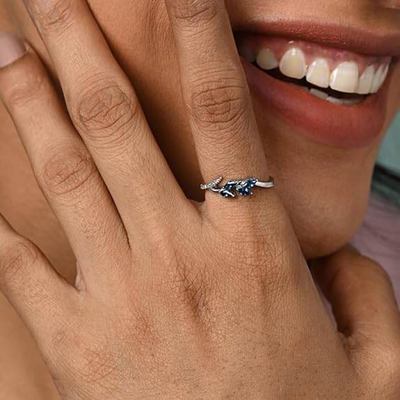 925 Sterling Silver Tonje Curved Blue Leaf Finger Ring | Swiss Zircon Platinum Plated | Size Adjustable | Gift for Women Girls Wife Girlfriend - Rajputtrade