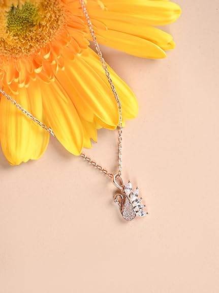 925 Sterling Silver Dancing Swan Pendant Earrings Chain Necklace Jewellery Set | Rose Gold Plated, Swiss Zirconia | Gift for Women and Girls - Rajputtrade