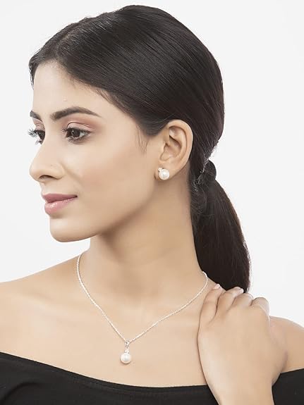 Sterling Silver and Pearl & Crystal Pendant Earrings Set With Chain for Women & Girls (White) - Rajputtrade
