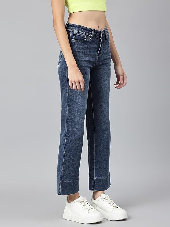 Women Blue Comfort Wide Leg High-Rise Light Fade Stretchable Jeans, Navy Blue (Size 36) - Rajputtrade