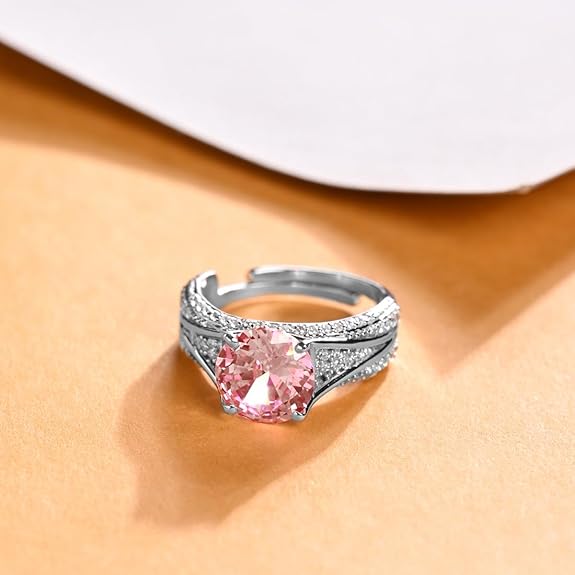 Pure 925 Sterling Silver Tove Pink Solitaire Wedding Finger Ring | Swiss Zircon Platinum Plated | Size Adjustable | Gift for Women Girls Wife Girlfriend - Rajputtrade