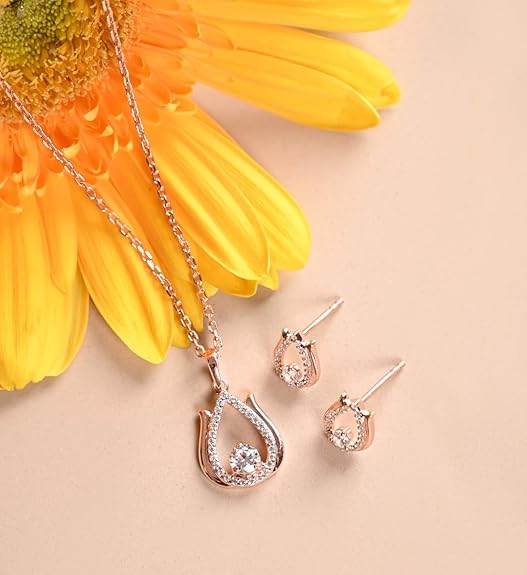 925 Sterling Silver Lotus Pendant Earrings Chain Necklace Jewellery Set | Rose Gold Plated, Swiss Zirconia | Gift for Women and Girls - Rajputtrade