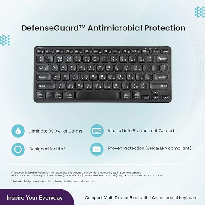 Targus AKB862 Compact Multi-Device Bluetooth® 5.1 Keyboard (Black),DefenseGuard™ Antimicrobial Protection*,Multi-Device connectivity for up to 3 Devices,for Windows/Mac/Android/Laptop/PC/Tablet/Phone - Rajputtrade