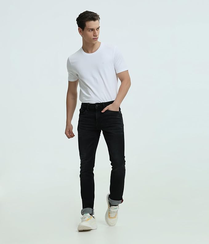 TURMS Men's Black Solid Mid Rise Stretchable Adventure Comfort Denim Pant Cotton Rich Jeans - Rajputtrade