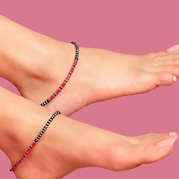 925 Sterling Silver Designer Black and Red Rhodium Plated Adjustable Beaded Anklet (Pair) | Gift for Women & Girls | - Rajputtrade