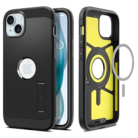 Spigen Tough Armor MagFit Back Cover Case Compatible with iPhone 15 (TPU + Poly Carbonate | Black)