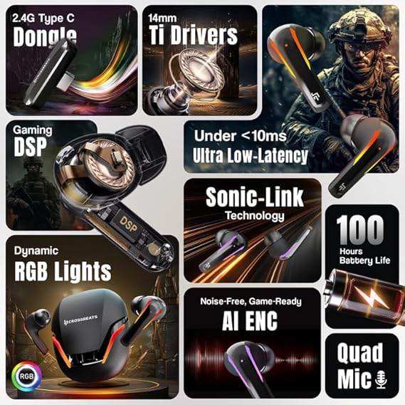 CrossBeats Hawk Gaming TWS in-Ear Buds - New Launch 100hr Playtime, Bluetooth 5.4, Type-C Dongle - Perfect for Gaming - Rajputtrade