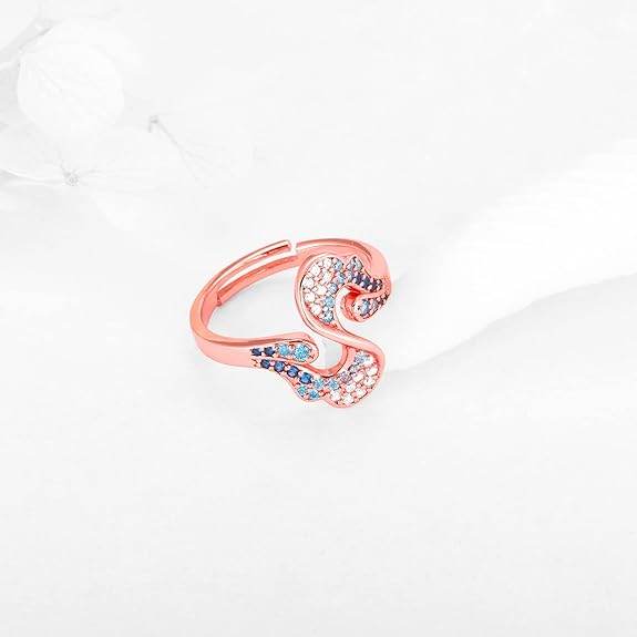 925 Silver Rose Gold Zircon Studded Waves Ring, Adjustable | Gifts for Women and Girls - Rajputtrade