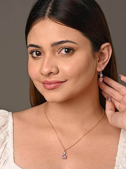 925 Sterling Silver Rosa Pendant Earring Chain Jewellery Set | Rose Gold Plated, Swiss Zirconia | Gift for Women & Girls - Rajputtrade